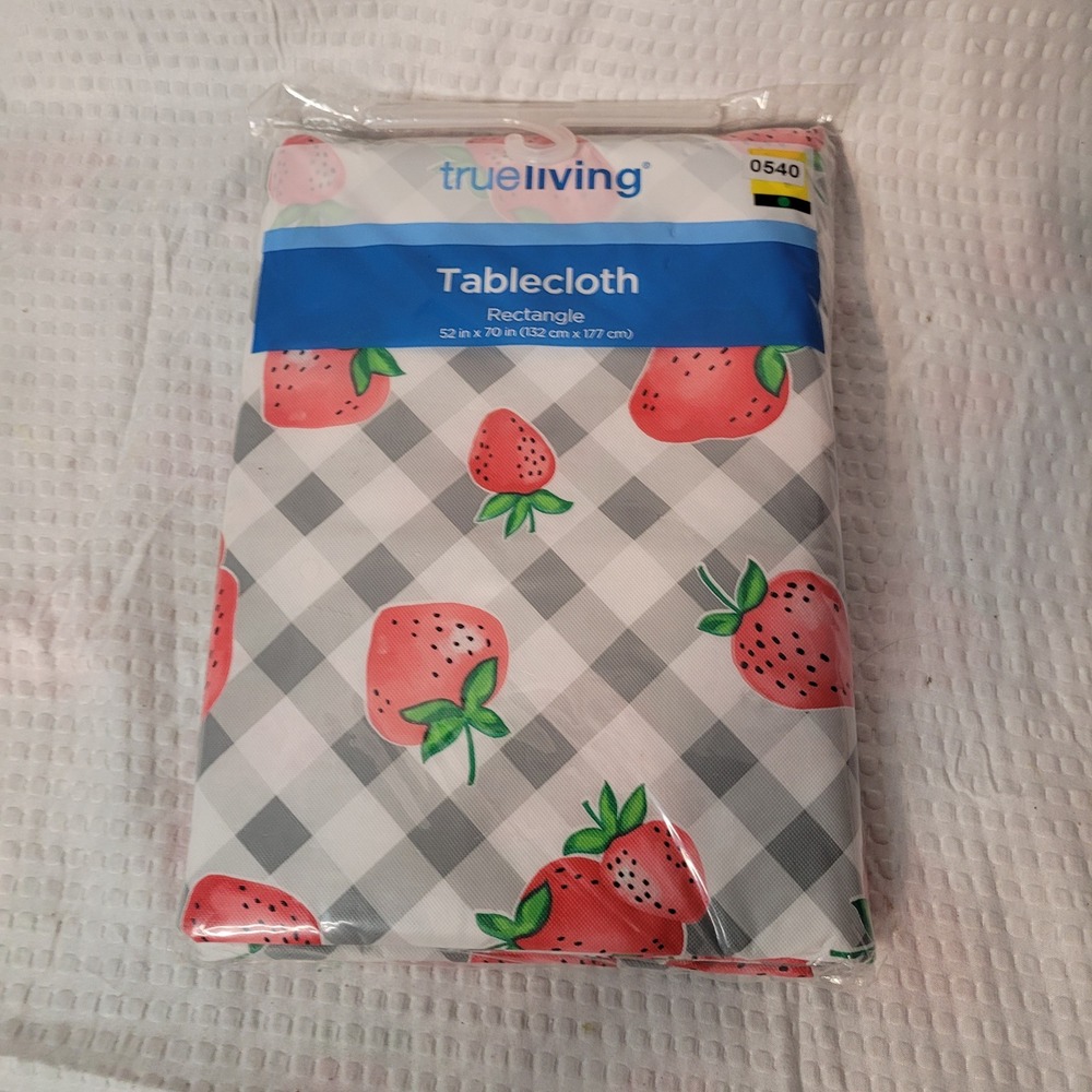 True Living Strawberry Gingham Tablecloth Rectangle 52x70 PEVA Grey White Red
